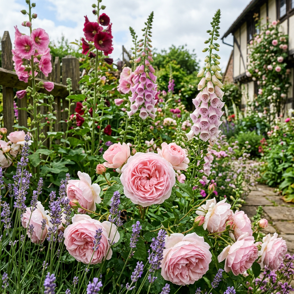 Pink roses, purple foxgloves, and lavender flowers in a cottage garden