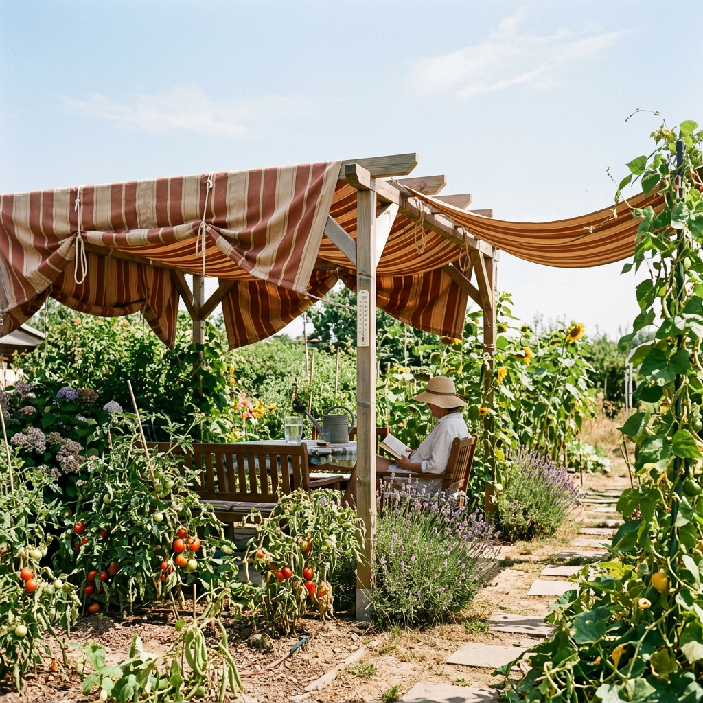 Person reading beneath a striped canopy in a vegetable garden