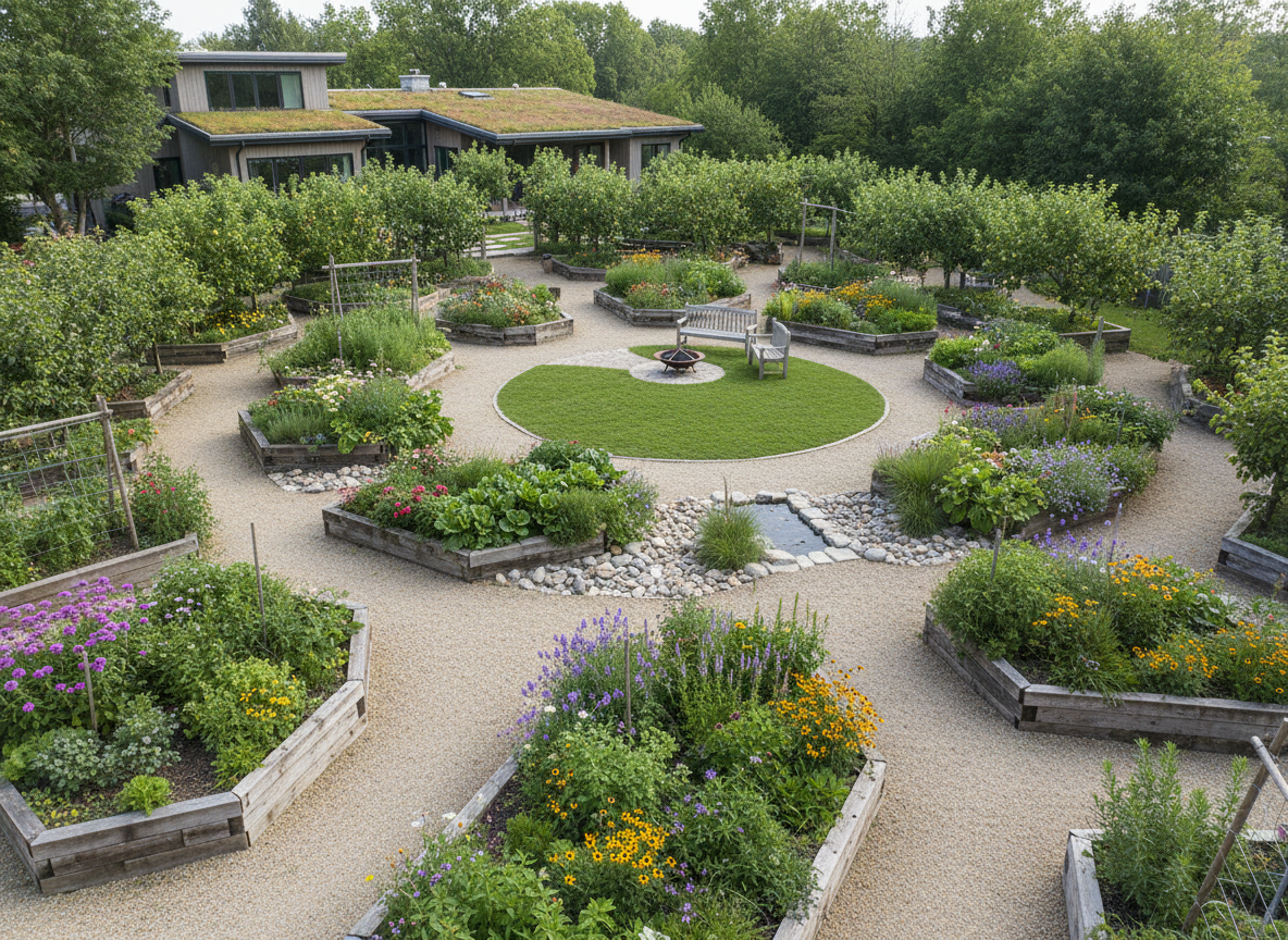 A beautifully designed residential regenerative landscape with winding garden paths, raised beds, fruit trees and pollinator plantings integrated into a home yard.