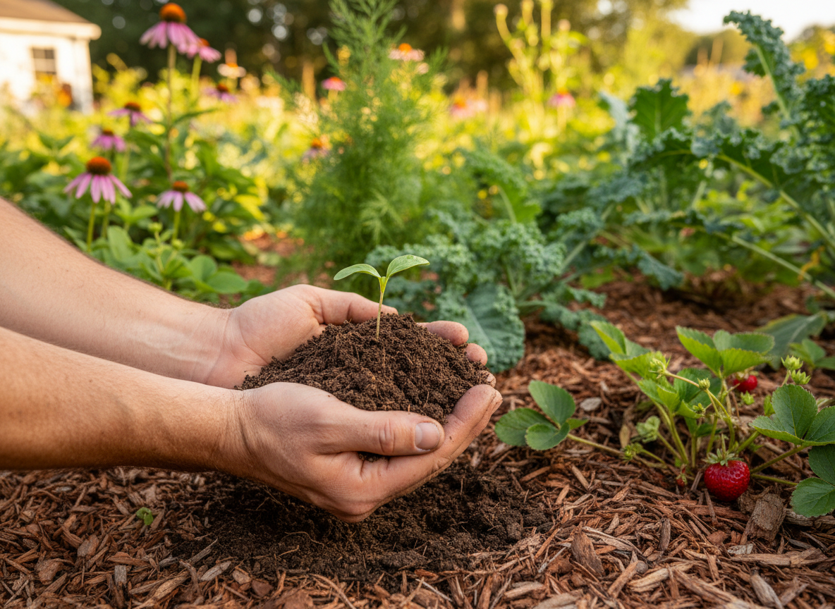 Hands of a landscape designer holding rich dark soil with a young seedling, surrounded by mulch and native plants in a residential food forest.