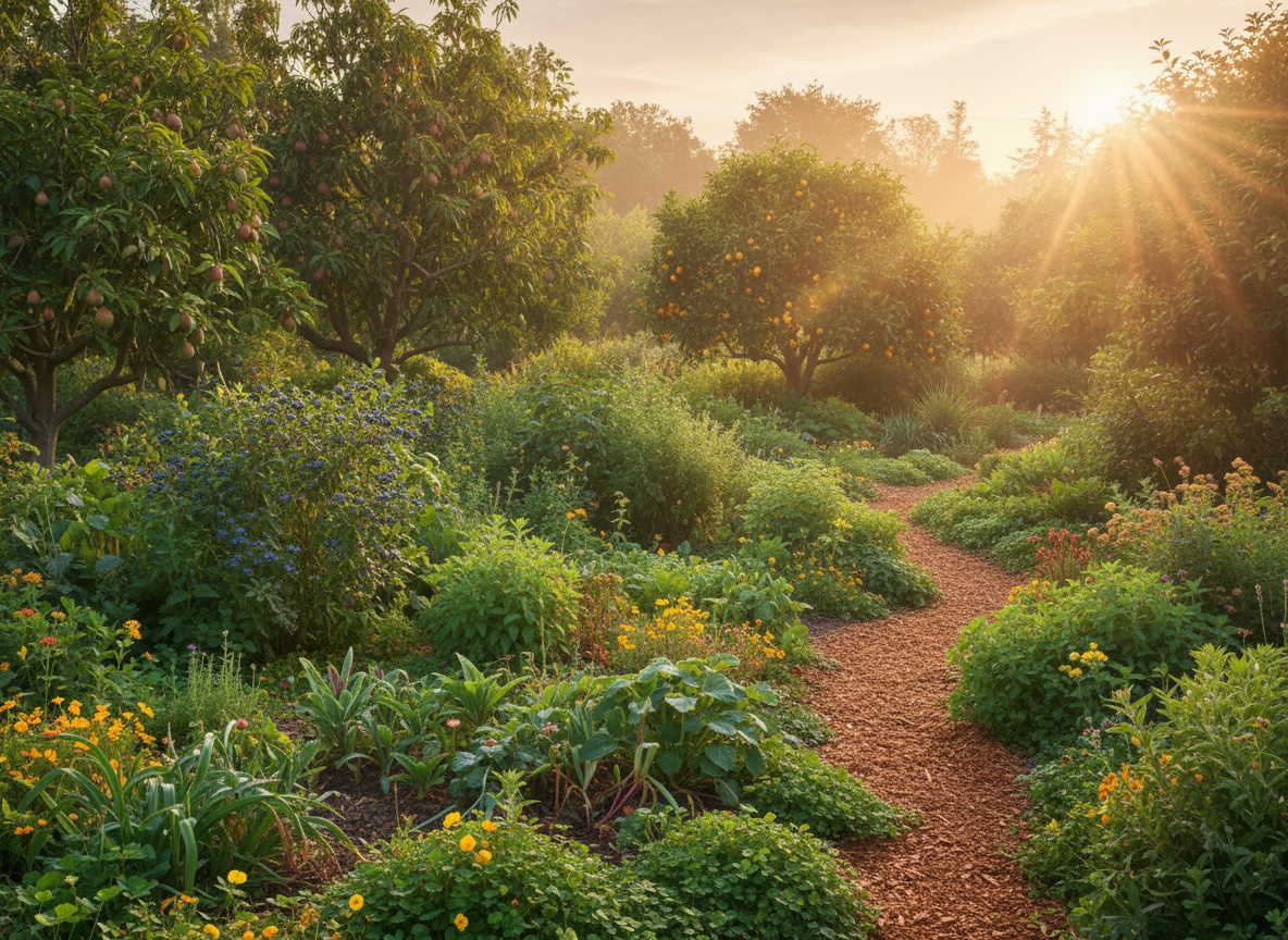 A lush, layered food forest garden in golden morning light — fruit trees, understory shrubs, groundcover plants and edible perennials growing together in a designed regenerative landscape.