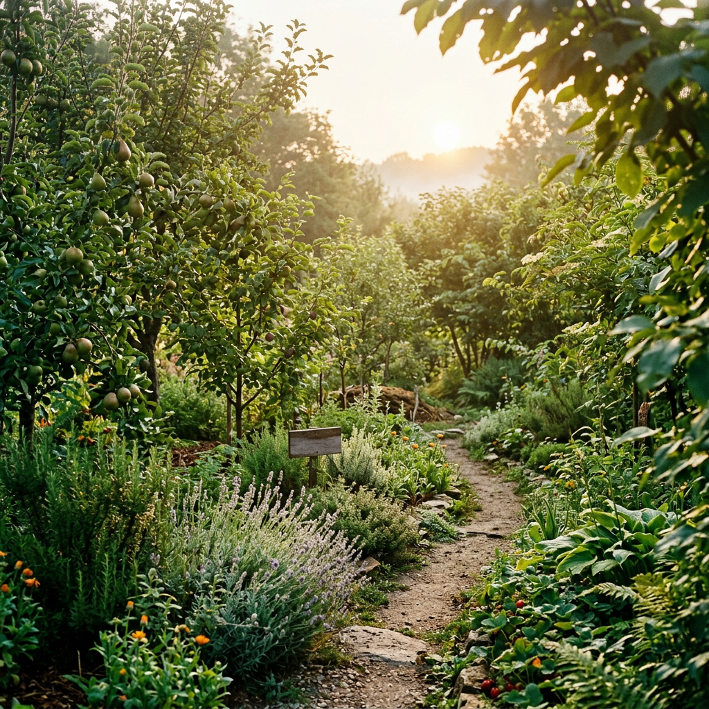 Garden path winding through fruit trees, herbs, flowers, and lush greenery